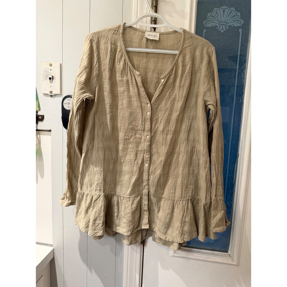 Wrap London Khaki Linen Cotton Crinkle Tiered Ruffle Tunic Blouse US 6 UK 10